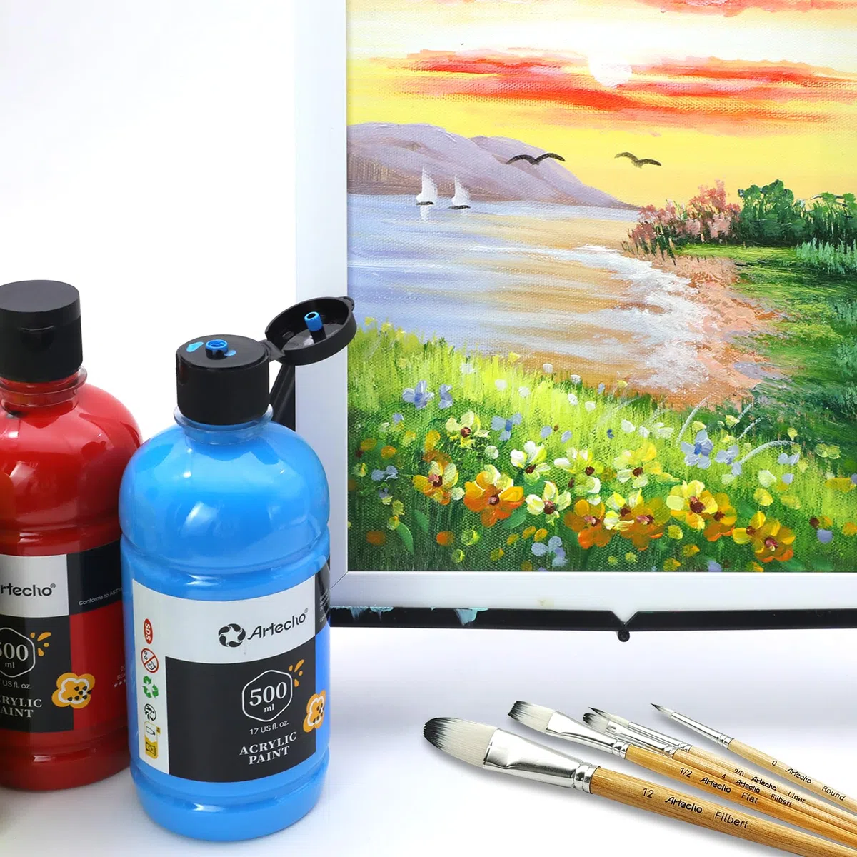 Artecho Zestaw farb akrylowych Professional 12 x 500 ml, zestaw farb akrylowych, wodoodpornych i odpornych na działanie światła, szybkoschnących, idealny do malowania na płótnie, skórze i kamieniu.