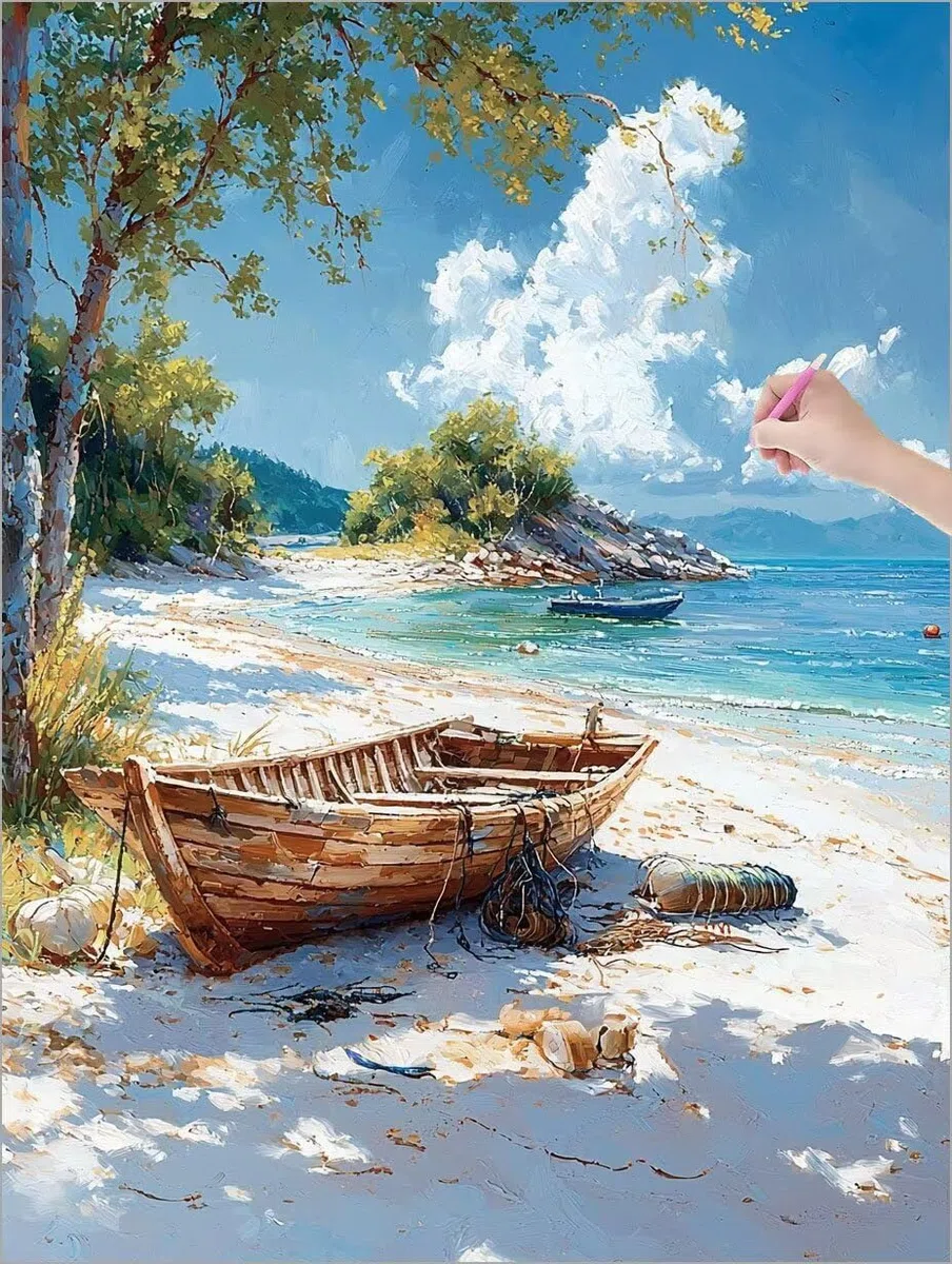Diament Malarstwo Plaża, 5D Diament Malarstwo Pełne Akcesoria, Diamentowe malowanie Dorosły Cyrkonie Ścieg krzyżykowy Kreatywne hobby, DIY Haft diamentowy do dekoracji domu (łódź) 90x120 cm K-59