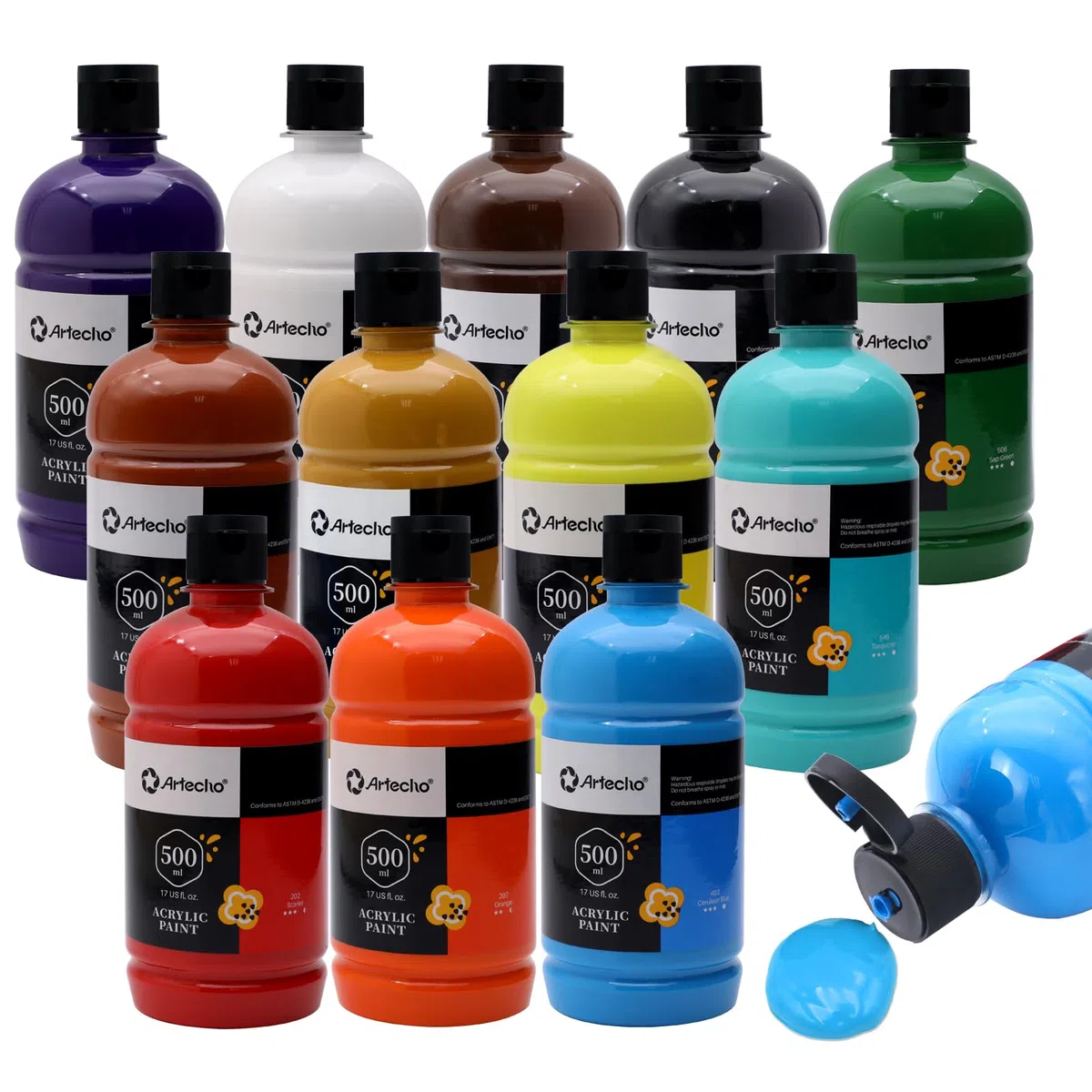 Artecho Zestaw farb akrylowych Professional 12 x 500 ml, zestaw farb akrylowych, wodoodpornych i odpornych na działanie światła, szybkoschnących, idealny do malowania na płótnie, skórze i kamieniu.