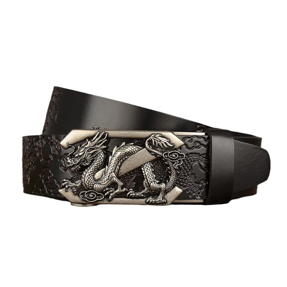 pasek, Oryginalne skórzane paski dla mężczyzn i kobiet z grawerowaną automatyczną klamrą 3D Dragon ze skóry zapięciem grzechotkowym(Black,120cm/waist:40"~42")