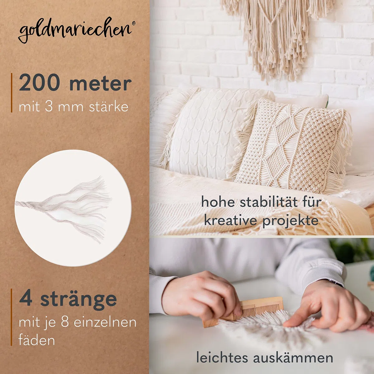goldmariechen - Przędza do makramy, zestaw 3 mm, 3 mm (naturalna, 200 m, petrol 100 m, zieleń jodłowa 100 m), 100% przędza bawełniana do dekoracji DIY, takich jak naszyjniki, bransoletki, breloczki do